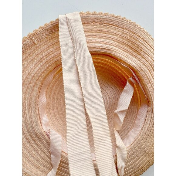 Vintage Pale Peach Pink Staw Faux Floral Grosgrain Ribbon Boater Hat - Picture 11 of 14